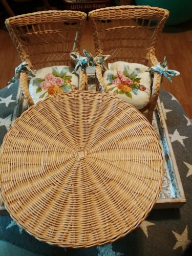 American Girl Samantha Wicker Tea Table Matching Chairs & Cushions