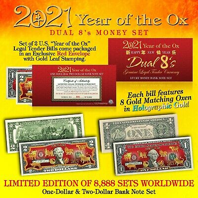 2021 Chinese New YEAR OF THE OX Lucky Money U.S. $1 & $2 Set DUAL 8’s GOLD OXEN