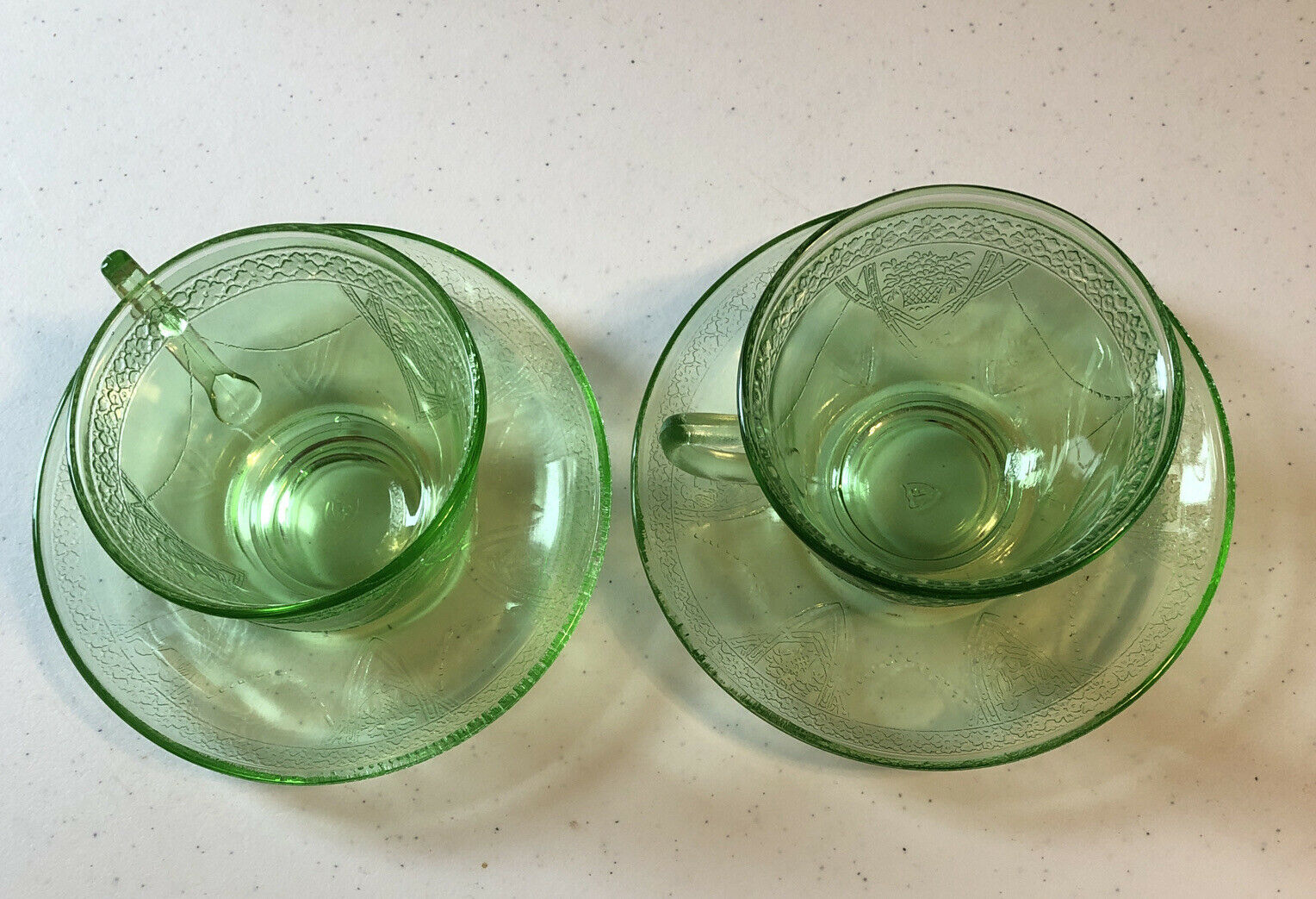 Lot Of 2 -- Federal Glass Co. Green Georgian Lovebirds Cup & Saucer Sets