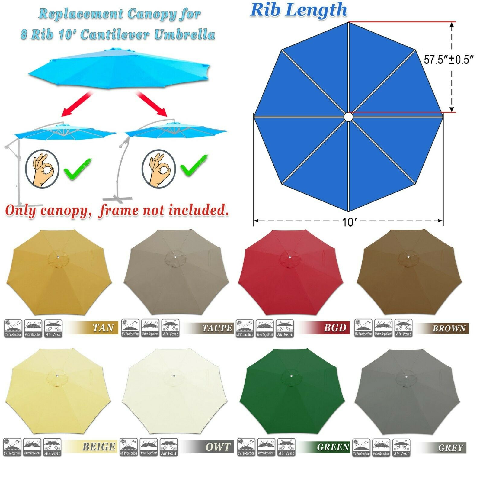 10ft 8 Rib Patio Hanging Umbrella Cover Canopy Replacement Parasol Top Outdoor