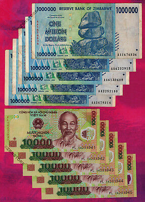 5 X 1 Million Zimbabwe Dollars Banknotes + 5 X 10,000 Vietnam Dong Currency Vnd