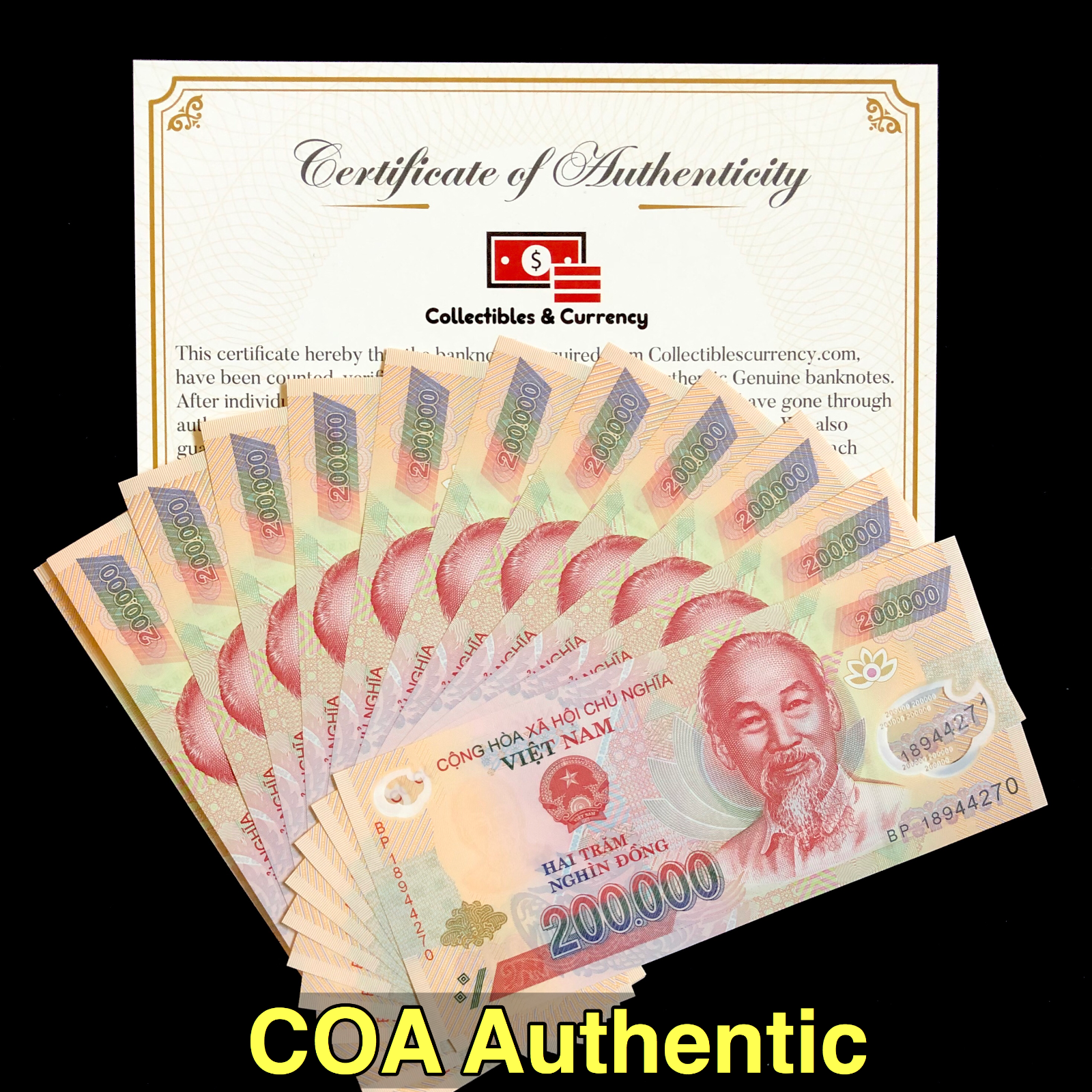 Vietnamese Dong Currency (vnd) - 200 000 Dong - Uncirculated - Coa Authentic