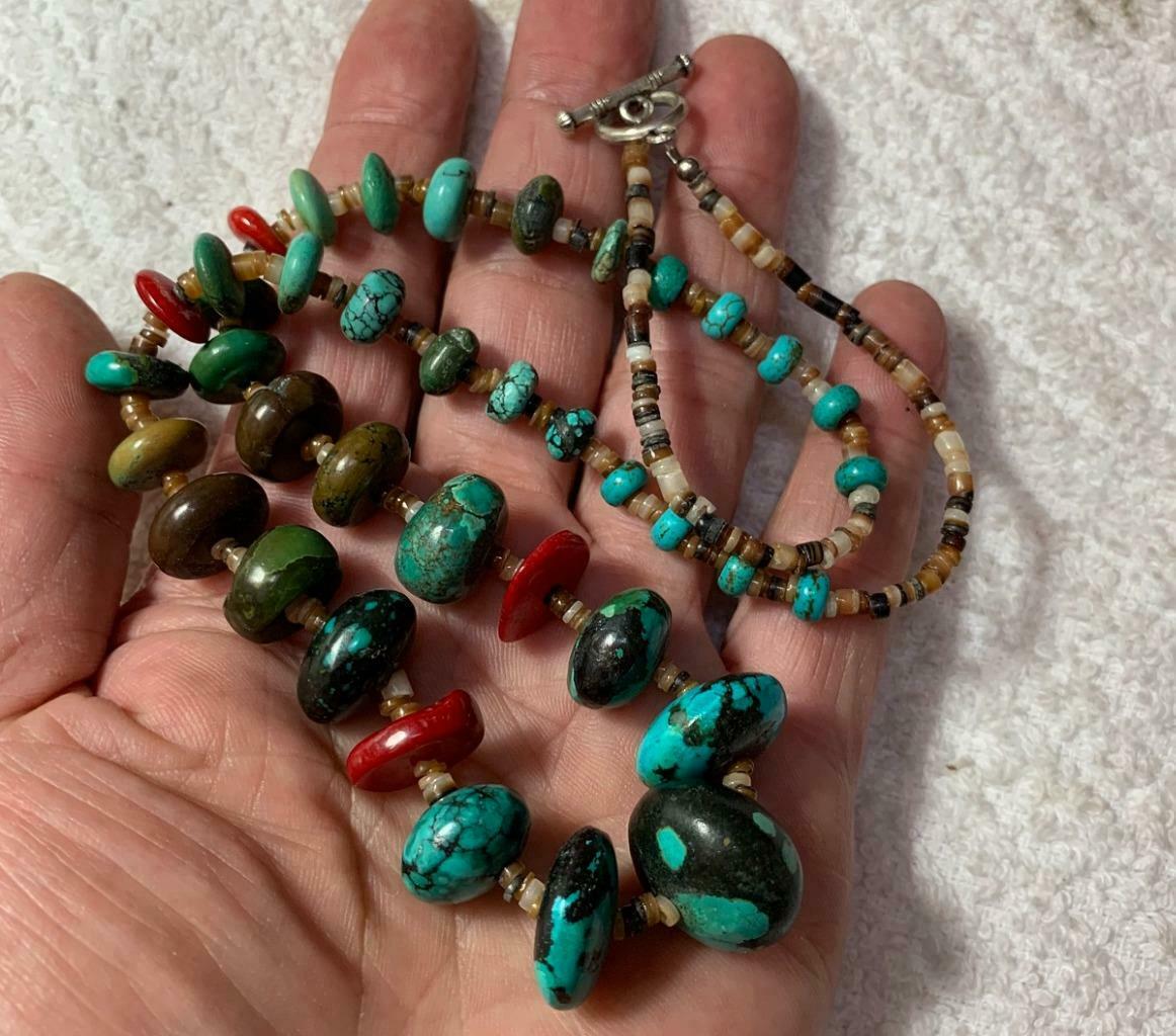 old looking natural turquoise gradual size disc bead necklace/21