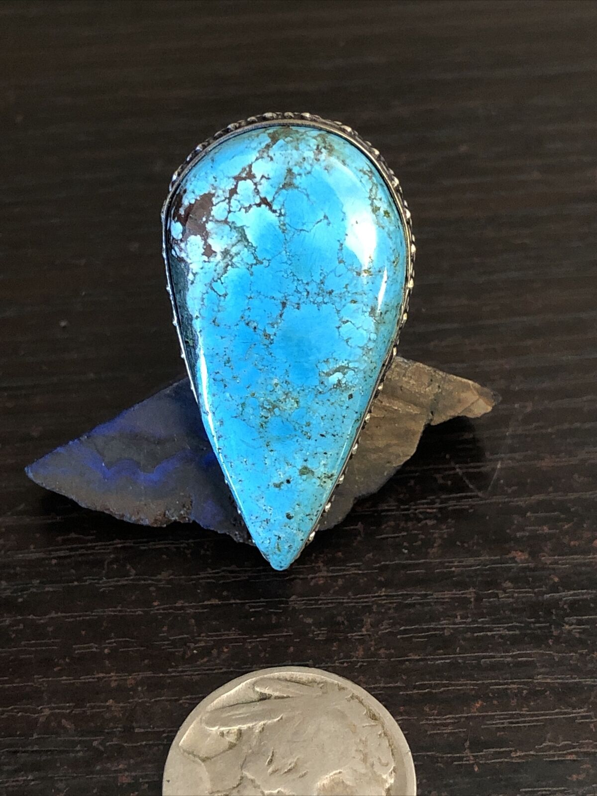 Old Arizona Blue Mountain Web Turquoise Sterling Silver Arrow Ring Size 8.5