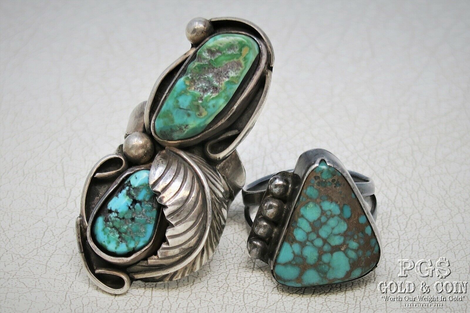 Old Pawn Sterling Silver Rings Deep Vein Turquoise Sz 4, 5.25 17.6gr 20301