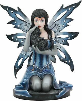 Ebros Blue Celestial Witch Fairy Cradling A Mystical Black Cat Statue 8.25