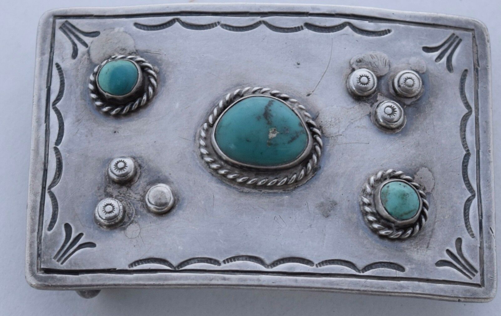 Vintage classic Navajo Sterling silver & Turquoise, heavy belt buckle hallmarked